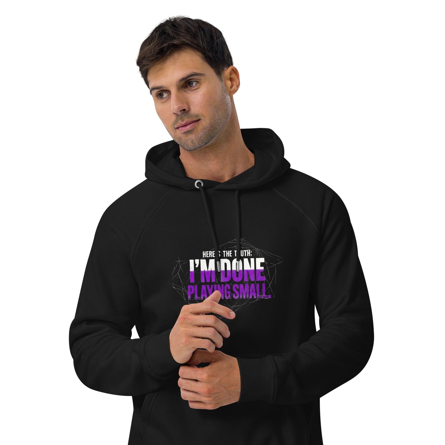 I’m Done Playing Small — Unisex Eco Raglan Hoodie (Black) - Truth Forge Apparel